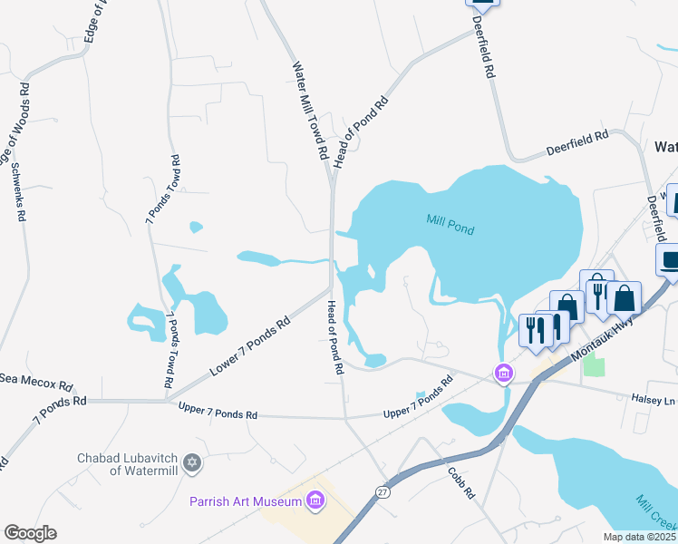 map of restaurants, bars, coffee shops, grocery stores, and more near 297 Head of Pond Road in Water Mill