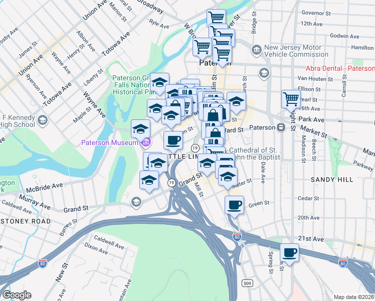 map of restaurants, bars, coffee shops, grocery stores, and more near 28 Ward Street in Paterson