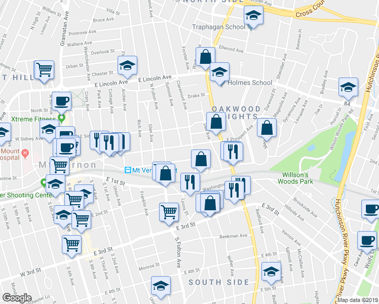 map of restaurants, bars, coffee shops, grocery stores, and more near 265 East Prospect Avenue in Mount Vernon