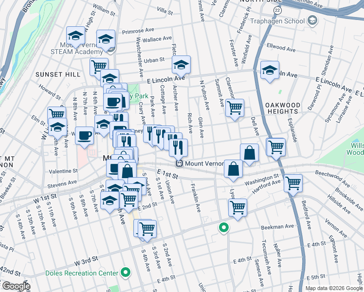 map of restaurants, bars, coffee shops, grocery stores, and more near 19 Archer Avenue in Mount Vernon