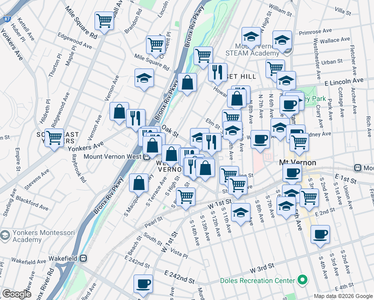 map of restaurants, bars, coffee shops, grocery stores, and more near 47 Oak Street in Mount Vernon