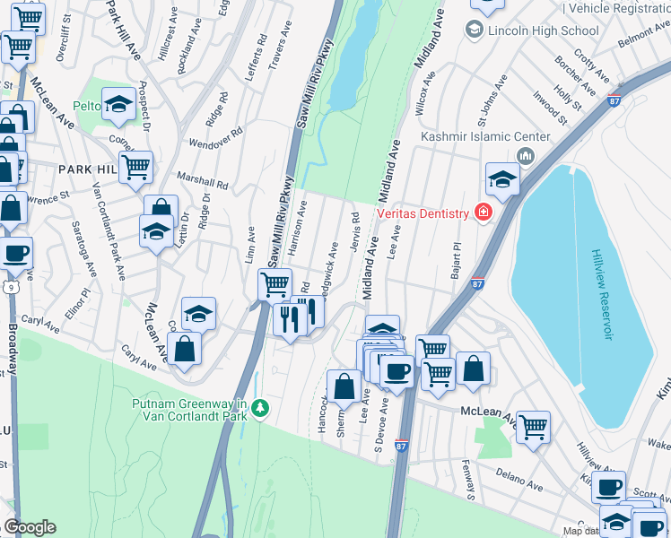 map of restaurants, bars, coffee shops, grocery stores, and more near 210 Sedgwick Avenue in Yonkers