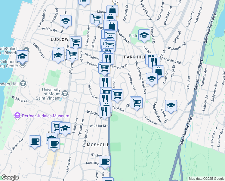 map of restaurants, bars, coffee shops, grocery stores, and more near 105 Bruce Avenue in Yonkers