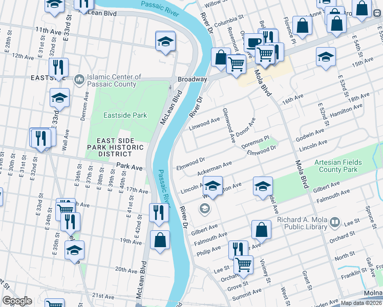 map of restaurants, bars, coffee shops, grocery stores, and more near 20 Greenwood Avenue in Elmwood Park