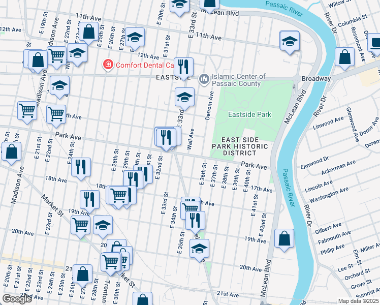 map of restaurants, bars, coffee shops, grocery stores, and more near 291 East 33rd Street in Paterson