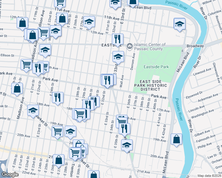 map of restaurants, bars, coffee shops, grocery stores, and more near 317 East 32nd Street in Paterson