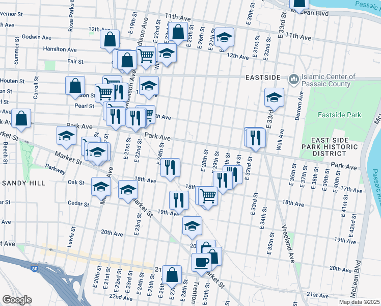 map of restaurants, bars, coffee shops, grocery stores, and more near 380 Park Avenue in Paterson