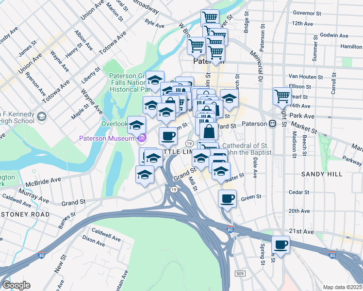 map of restaurants, bars, coffee shops, grocery stores, and more near 28 Ward Street in Paterson