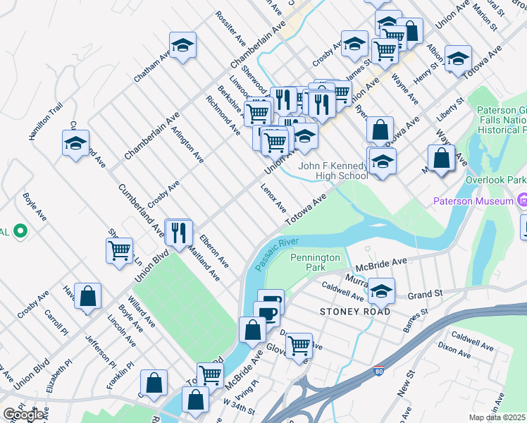 map of restaurants, bars, coffee shops, grocery stores, and more near 45 Lenox Avenue in Paterson