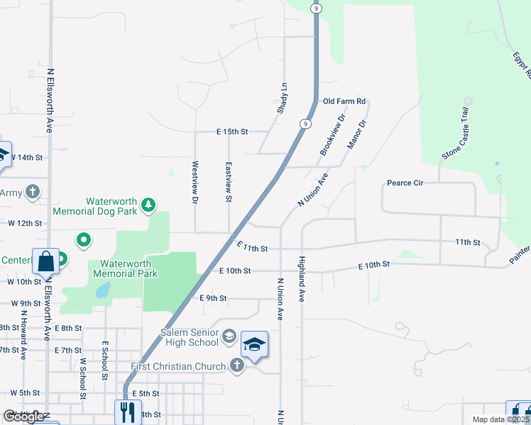 map of restaurants, bars, coffee shops, grocery stores, and more near 1257 North Lincoln Avenue in Salem
