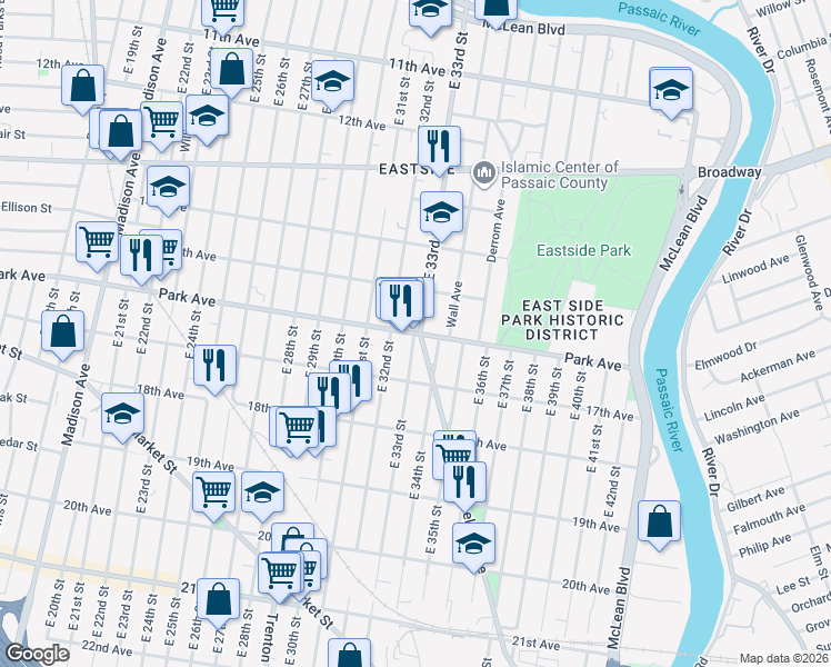 map of restaurants, bars, coffee shops, grocery stores, and more near 317 East 32nd Street in Paterson
