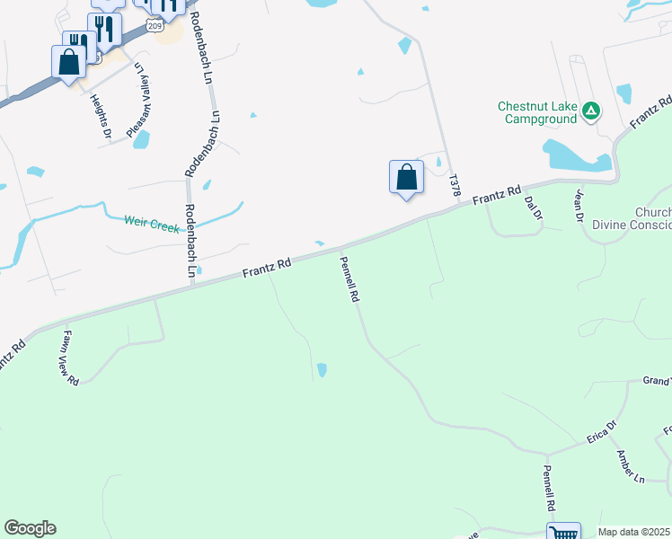 map of restaurants, bars, coffee shops, grocery stores, and more near 1425 Pennell Road in Brodheadsville