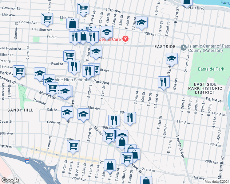 map of restaurants, bars, coffee shops, grocery stores, and more near 736 East 26th Street in Paterson