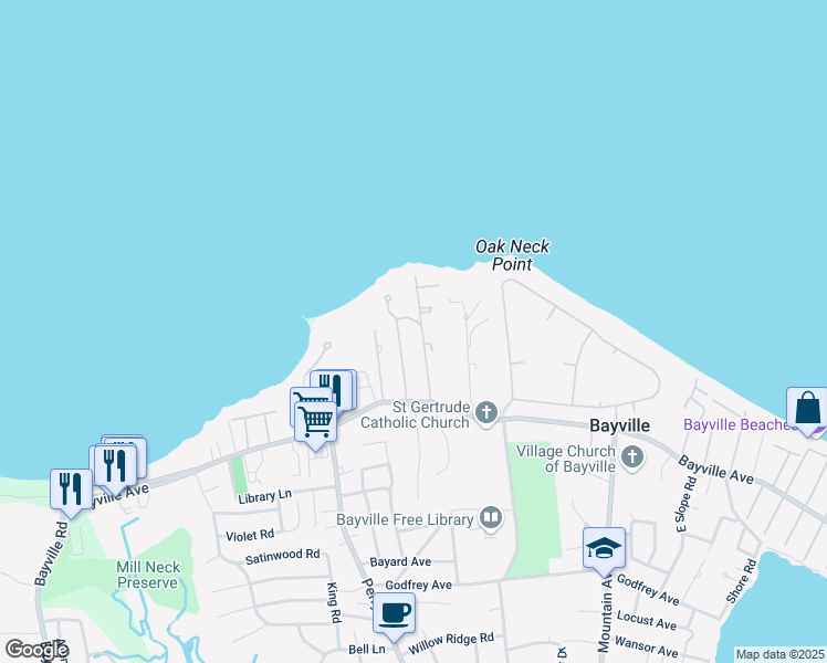 map of restaurants, bars, coffee shops, grocery stores, and more near 1 Wunaquit Drive in Bayville