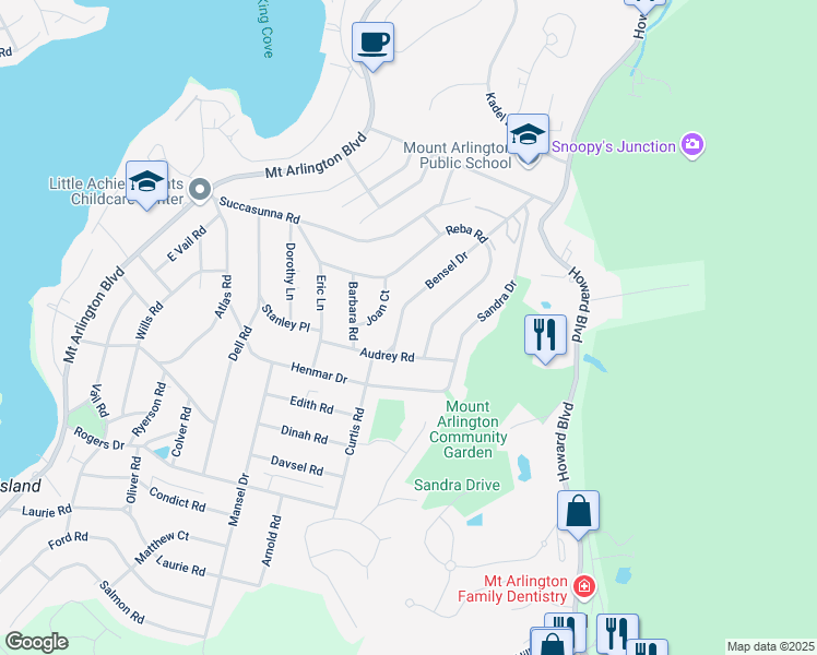 map of restaurants, bars, coffee shops, grocery stores, and more near 614 Bensel Drive in Mount Arlington
