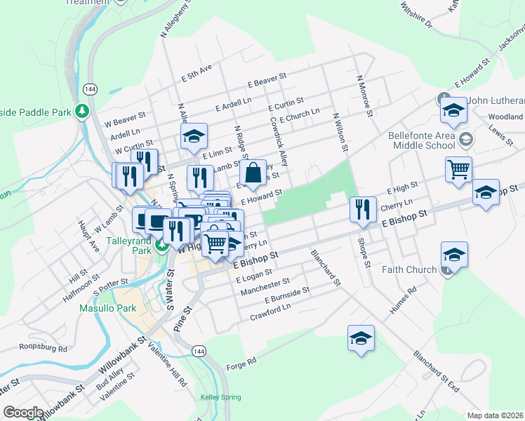 map of restaurants, bars, coffee shops, grocery stores, and more near 312 East Howard Street in Bellefonte