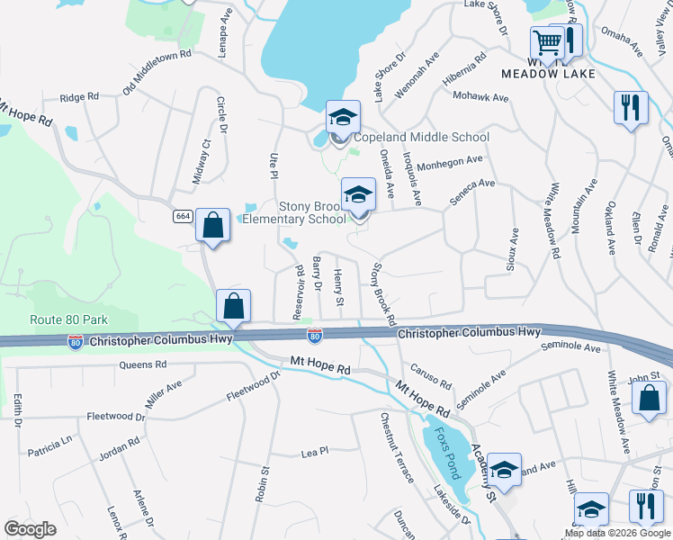 map of restaurants, bars, coffee shops, grocery stores, and more near 24 Barry Drive in Rockaway
