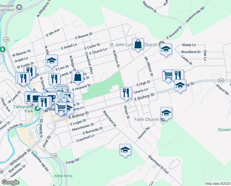 map of restaurants, bars, coffee shops, grocery stores, and more near 462 East High Street in Bellefonte