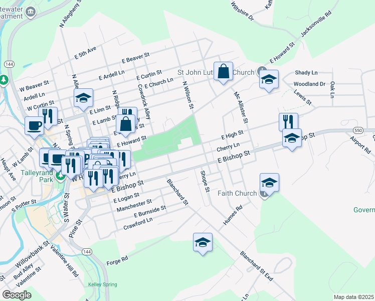 map of restaurants, bars, coffee shops, grocery stores, and more near 462 East High Street in Bellefonte