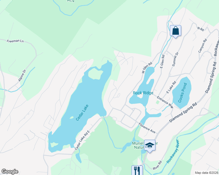 map of restaurants, bars, coffee shops, grocery stores, and more near 187 Cedar Lake East in Denville