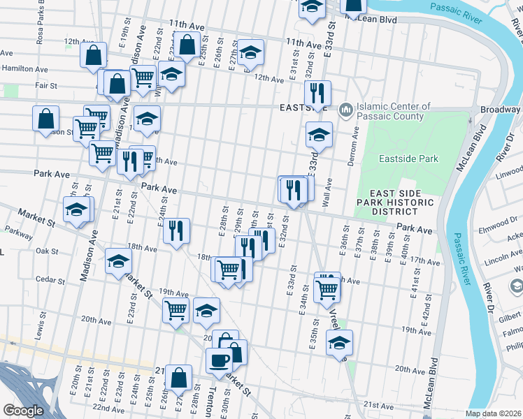 map of restaurants, bars, coffee shops, grocery stores, and more near 473 Park Avenue in Paterson