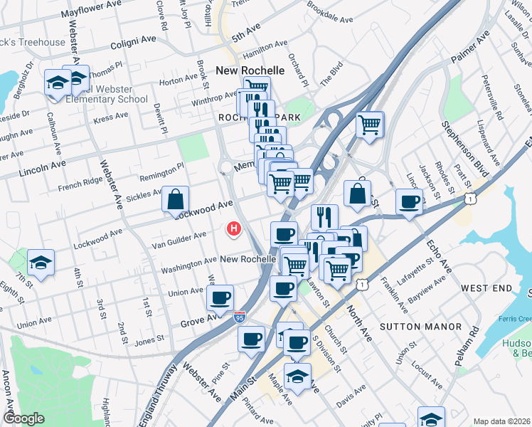map of restaurants, bars, coffee shops, grocery stores, and more near 11 Burling Lane in New Rochelle