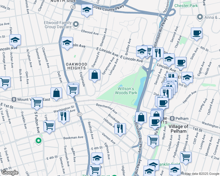 map of restaurants, bars, coffee shops, grocery stores, and more near 117 Lorraine Avenue in Mount Vernon
