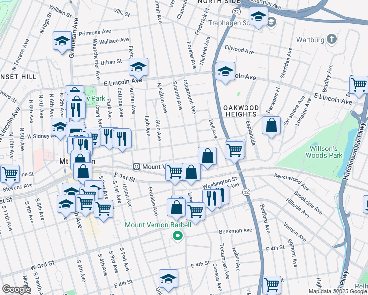 map of restaurants, bars, coffee shops, grocery stores, and more near 63 North Fulton Avenue in Mount Vernon