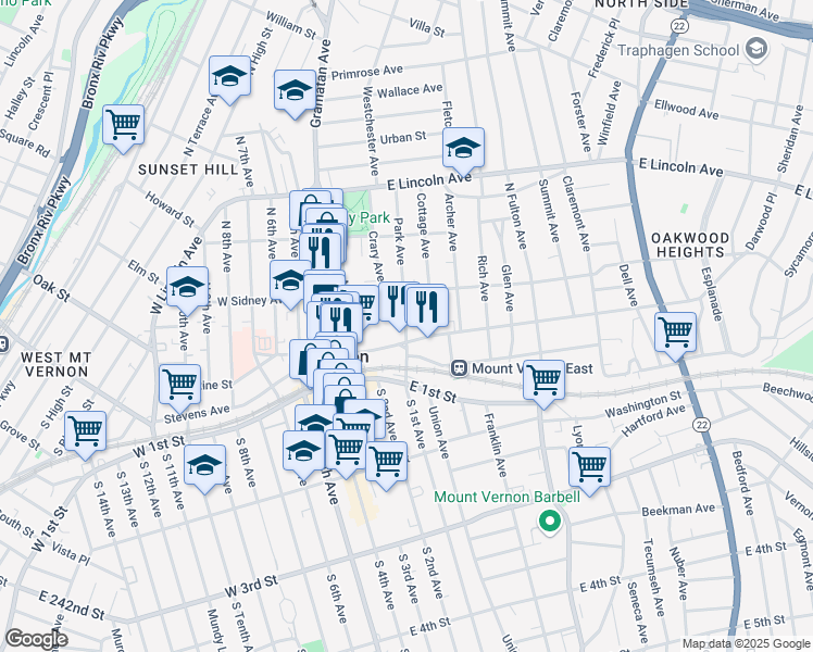 map of restaurants, bars, coffee shops, grocery stores, and more near in Mount Vernon