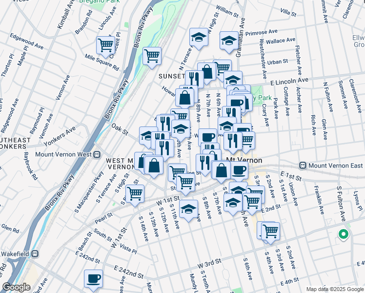 map of restaurants, bars, coffee shops, grocery stores, and more near 68 North 9th Avenue in Mount Vernon