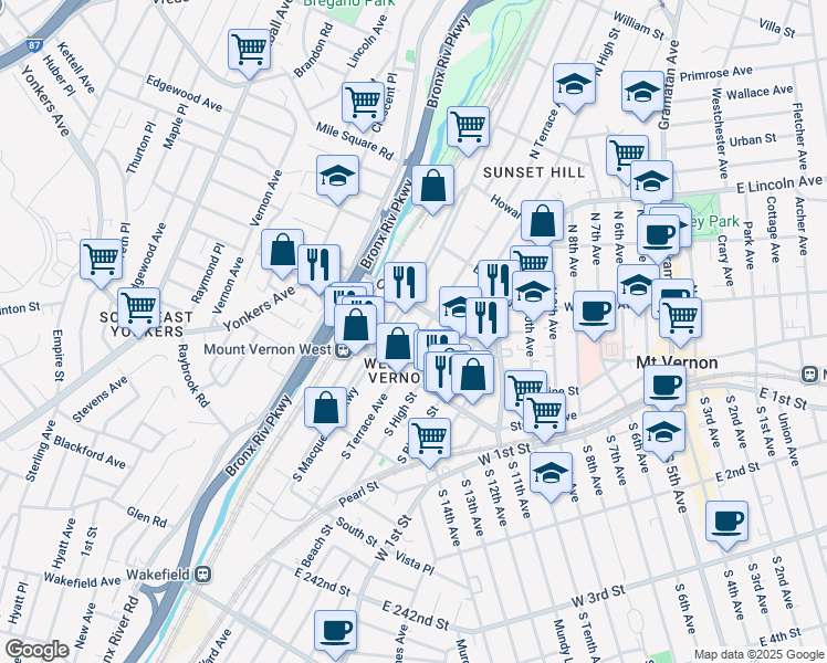 map of restaurants, bars, coffee shops, grocery stores, and more near 46 North MacQuesten Parkway in Mount Vernon