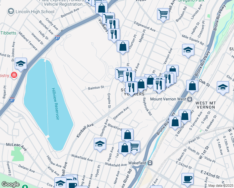 map of restaurants, bars, coffee shops, grocery stores, and more near 45 Hildreth Place in Yonkers