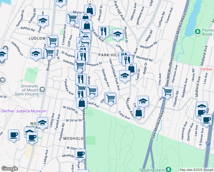 map of restaurants, bars, coffee shops, grocery stores, and more near 110 Saratoga Avenue in Yonkers