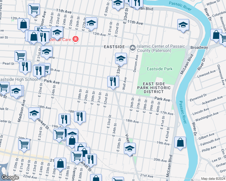 map of restaurants, bars, coffee shops, grocery stores, and more near 317 East 32nd Street in Paterson