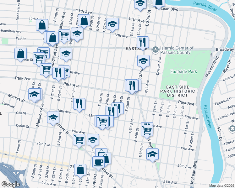 map of restaurants, bars, coffee shops, grocery stores, and more near 473 Park Avenue in Paterson
