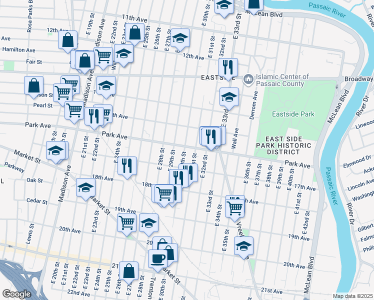 map of restaurants, bars, coffee shops, grocery stores, and more near 473 Park Avenue in Paterson