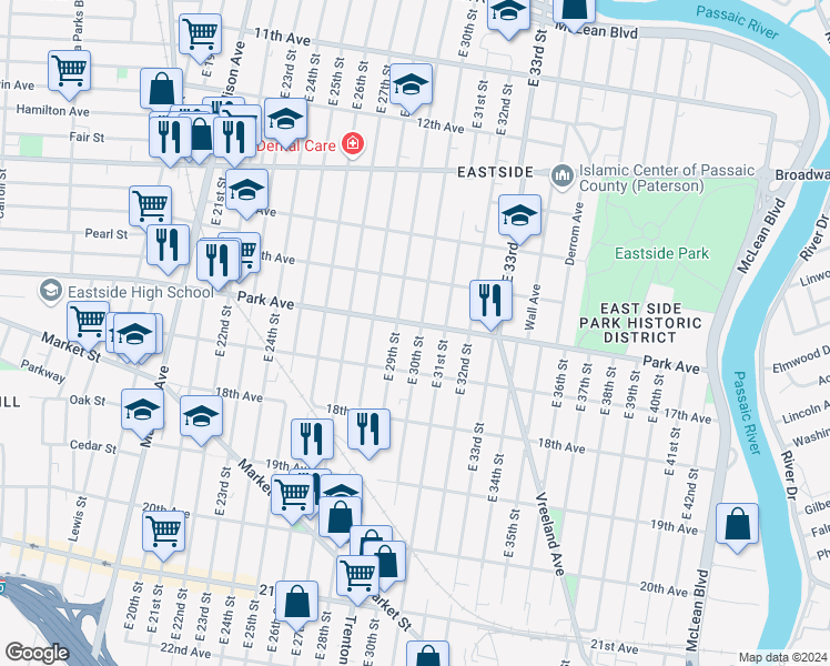 map of restaurants, bars, coffee shops, grocery stores, and more near 433 Park Avenue in Paterson