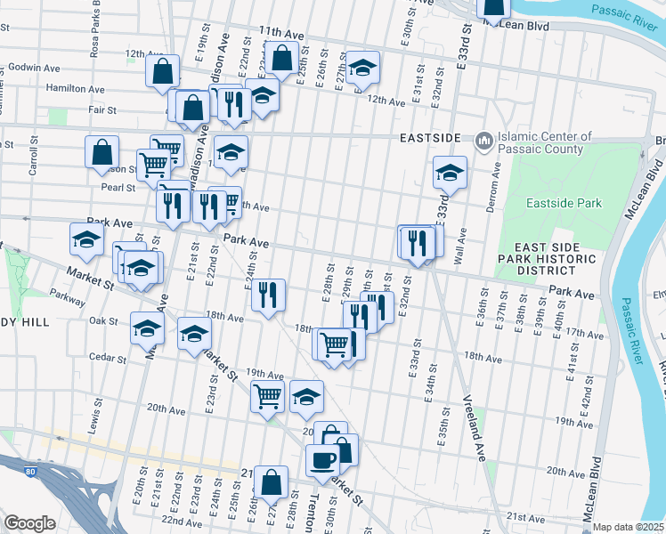 map of restaurants, bars, coffee shops, grocery stores, and more near 412 Park Avenue in Paterson