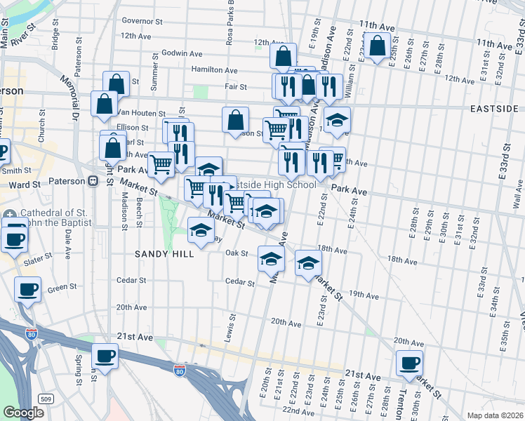 map of restaurants, bars, coffee shops, grocery stores, and more near 758 East 18th Street in Paterson