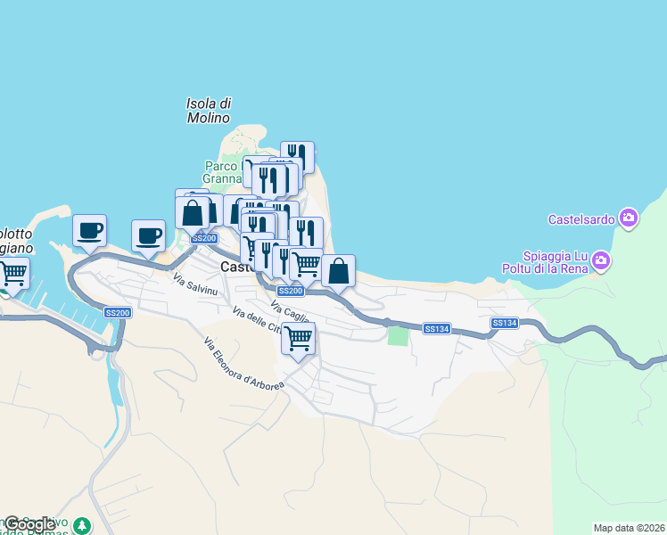 map of restaurants, bars, coffee shops, grocery stores, and more near 27 Via Cristoforo Colombo in Castelsardo