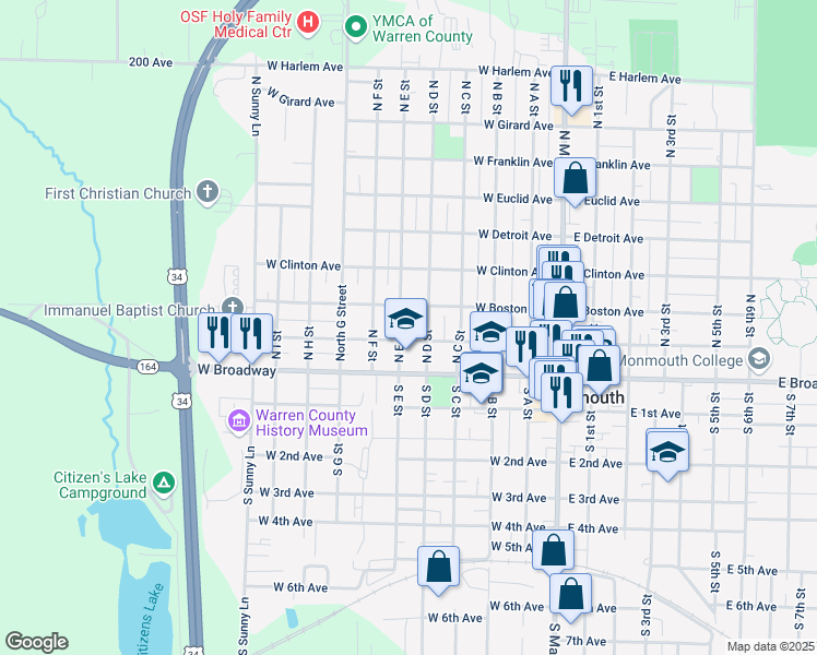 map of restaurants, bars, coffee shops, grocery stores, and more near 501-599 West Boston Avenue in Monmouth