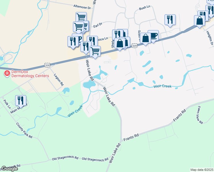 map of restaurants, bars, coffee shops, grocery stores, and more near 876 Weir Lake Road in Brodheadsville