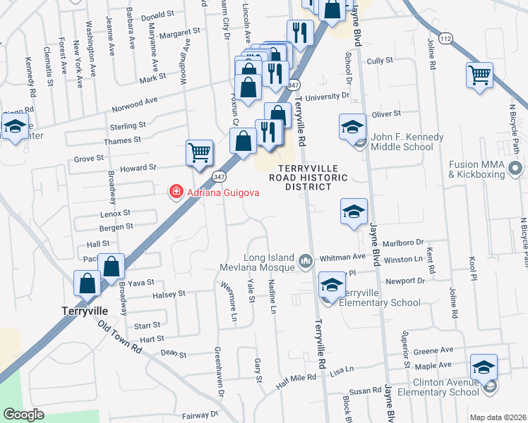 map of restaurants, bars, coffee shops, grocery stores, and more near 3 Hedda Road in Port Jefferson Station
