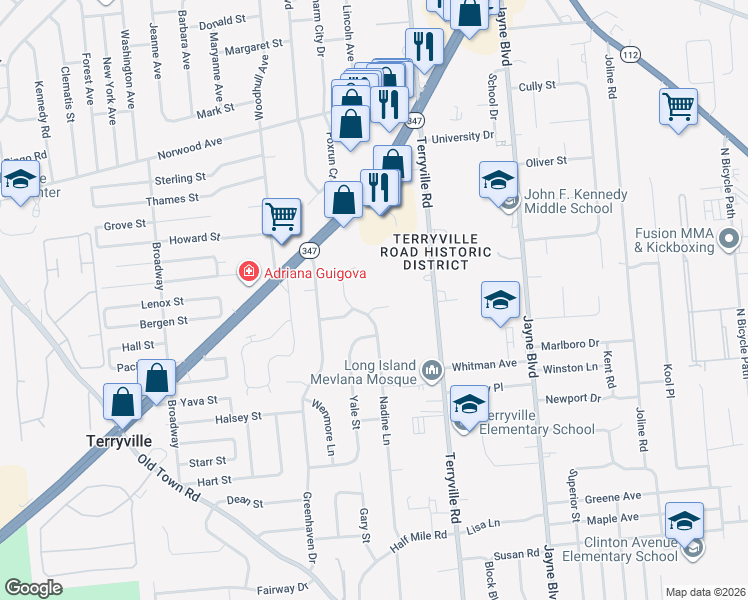 map of restaurants, bars, coffee shops, grocery stores, and more near 3 Hedda Road in Port Jefferson Station