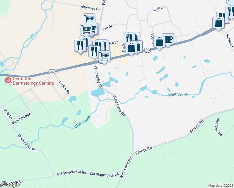 map of restaurants, bars, coffee shops, grocery stores, and more near 876 Weir Lake Road in Brodheadsville
