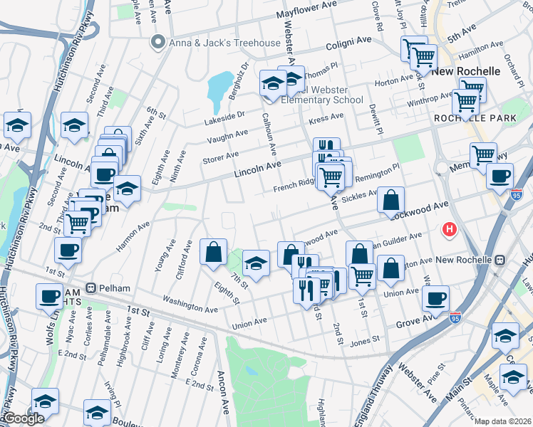 map of restaurants, bars, coffee shops, grocery stores, and more near 82 French Ridge in New Rochelle