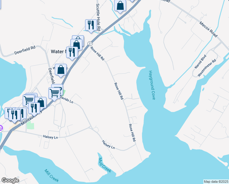 map of restaurants, bars, coffee shops, grocery stores, and more near 200 Rose Hill Road in Water Mill