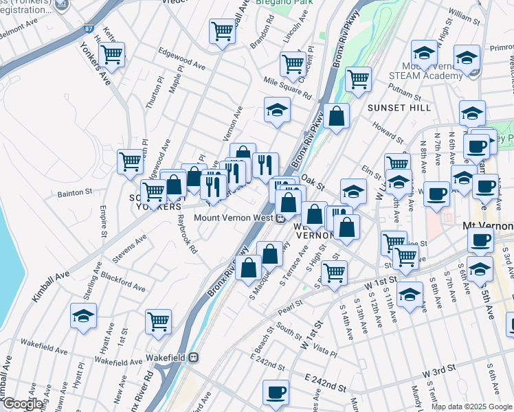 map of restaurants, bars, coffee shops, grocery stores, and more near 411 Bronx River Road in Yonkers