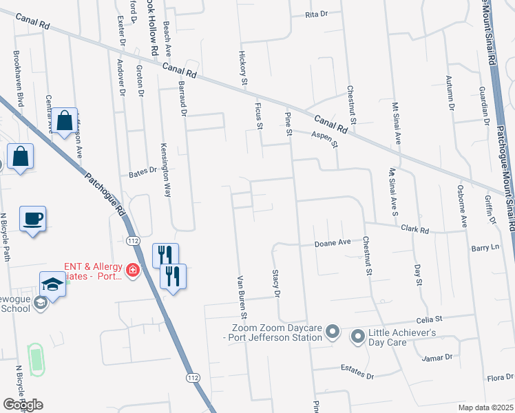 map of restaurants, bars, coffee shops, grocery stores, and more near 9 Vermont Avenue in Port Jefferson Station