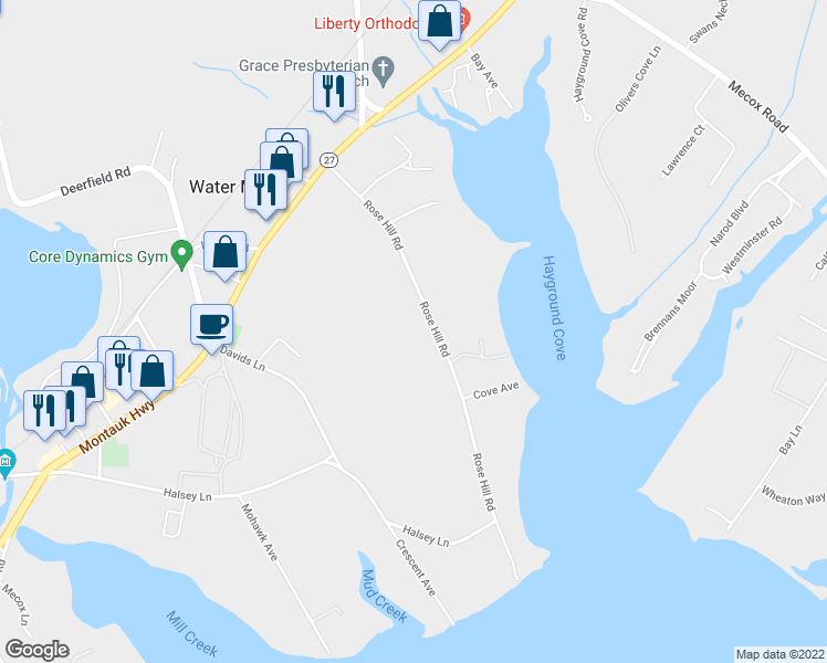map of restaurants, bars, coffee shops, grocery stores, and more near 200 Rose Hill Road in Water Mill